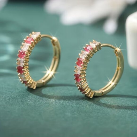 14K Gold Womens 2ct Rose Red Ruby Gemstone 1ct Diamond Small Hoop Earrings NEW - Picture 4 of 5